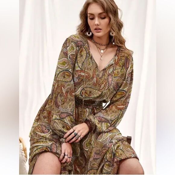 MICHAEL KORS 2X Brown Paisley Boho Midi Dress - Picture 1 of 9